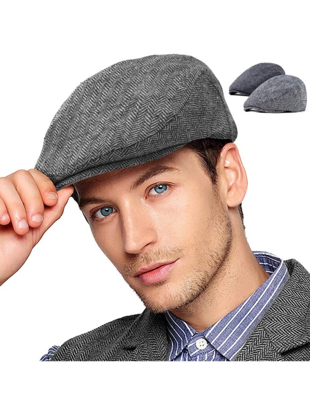 2-Pack Adjustable Newsboy Hats for Men - Stylish Flat Caps in Wool Blend Tweed